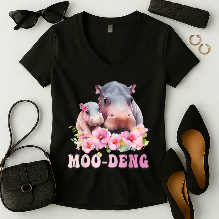 Moo Deng Floral Flower Pygmy Hippopotamus Women's V-Neck T-Shirt