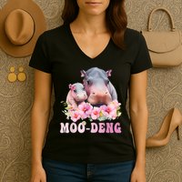 Moo Deng Floral Flower Pygmy Hippopotamus Women's V-Neck T-Shirt