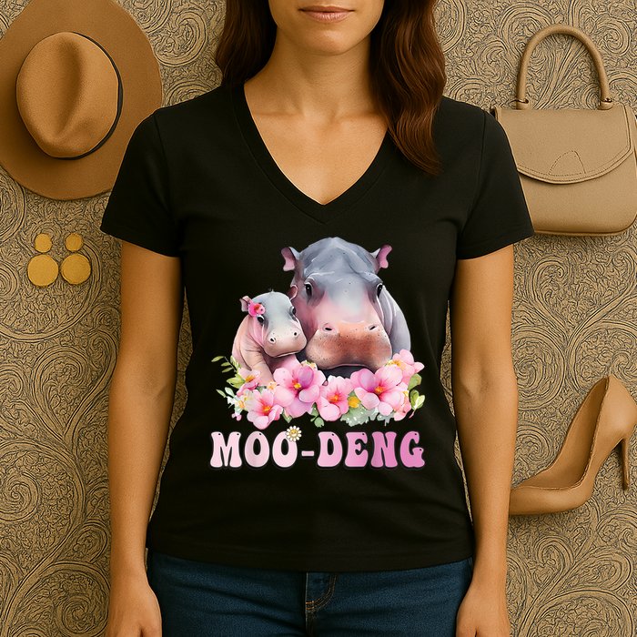 Moo Deng Floral Flower Pygmy Hippopotamus Women's V-Neck T-Shirt