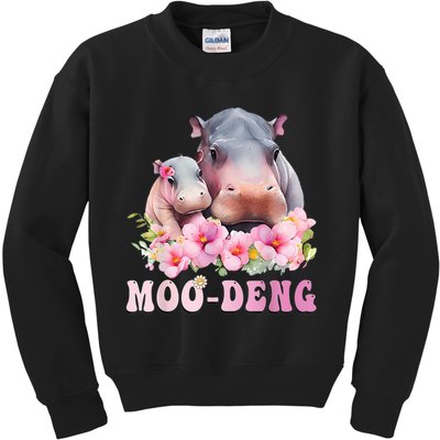 Moo Deng Floral Flower Pygmy Hippopotamus Kids Sweatshirt