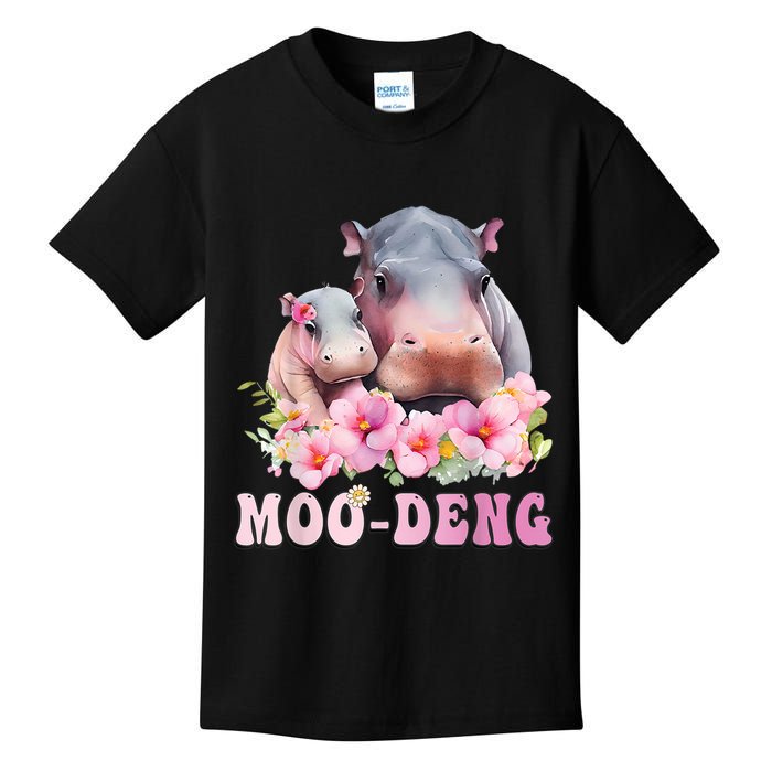 Moo Deng Floral Flower Pygmy Hippopotamus Kids T-Shirt
