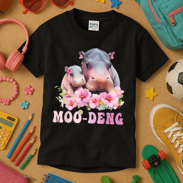 Moo Deng Floral Flower Pygmy Hippopotamus Kids T-Shirt