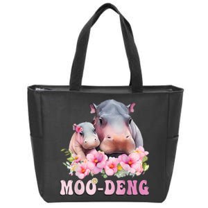 Moo Deng Floral Flower Pygmy Hippopotamus Zip Tote Bag