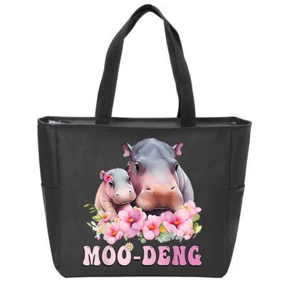 Moo Deng Floral Flower Pygmy Hippopotamus Zip Tote Bag