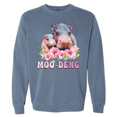 Moo Deng Floral Flower Pygmy Hippopotamus Garment-Dyed Sweatshirt