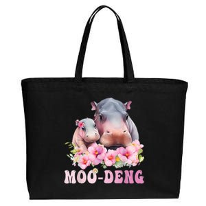 Moo Deng Floral Flower Pygmy Hippopotamus Cotton Canvas Jumbo Tote