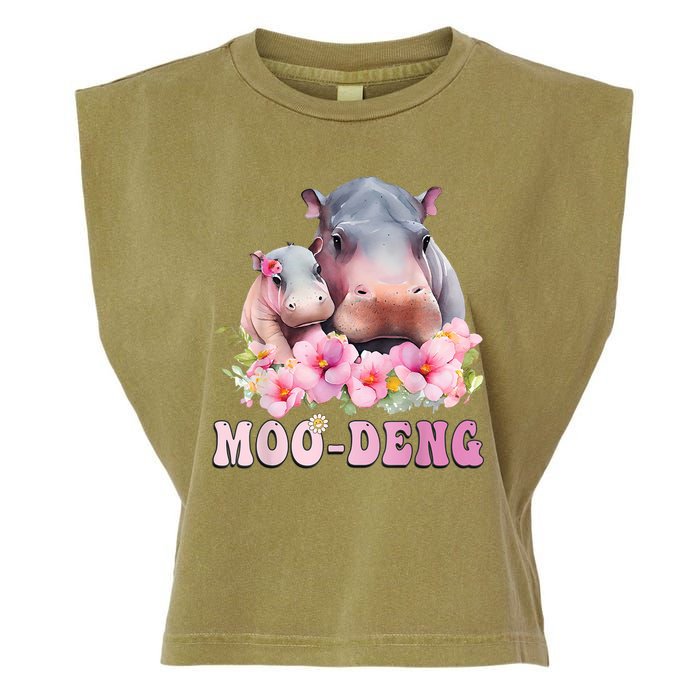 Moo Deng Floral Flower Pygmy Hippopotamus Garment-Dyed Women's Muscle Tee