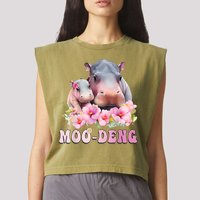 Moo Deng Floral Flower Pygmy Hippopotamus Garment-Dyed Women's Muscle Tee