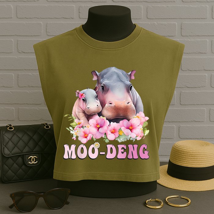 Moo Deng Floral Flower Pygmy Hippopotamus Garment-Dyed Women's Muscle Tee