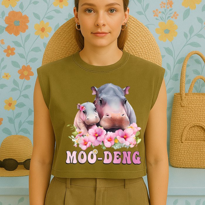 Moo Deng Floral Flower Pygmy Hippopotamus Garment-Dyed Women's Muscle Tee