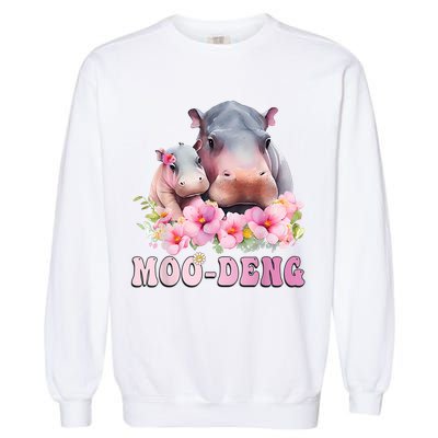 Moo Deng Floral Flower Pygmy Hippopotamus Garment-Dyed Sweatshirt