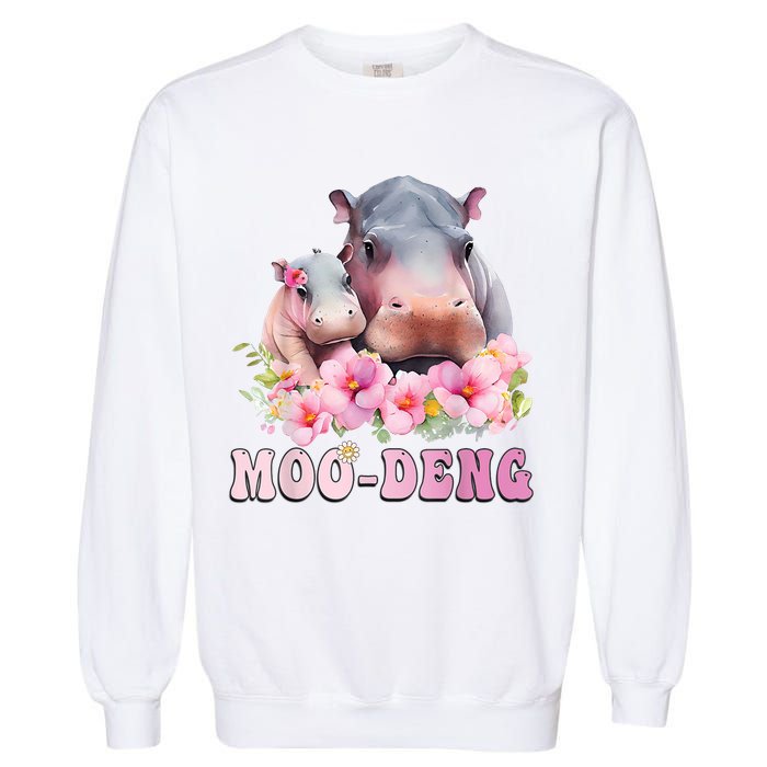 Moo Deng Floral Flower Pygmy Hippopotamus Garment-Dyed Sweatshirt