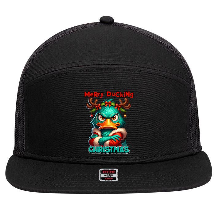 Merry Ducking Funny Sarcastic Grumpy Duck Christmas 7 Panel Mesh Trucker Snapback Hat
