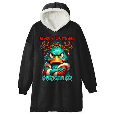 Merry Ducking Funny Sarcastic Grumpy Duck Christmas Hooded Wearable Blanket