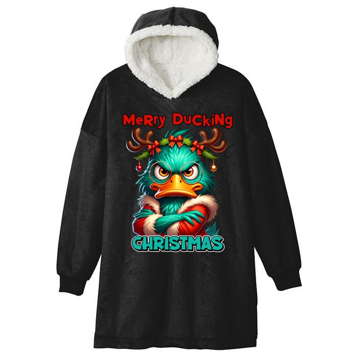 Merry Ducking Funny Sarcastic Grumpy Duck Christmas Hooded Wearable Blanket