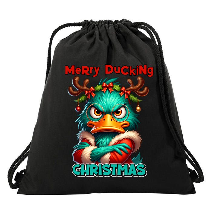 Merry Ducking Funny Sarcastic Grumpy Duck Christmas Drawstring Bag