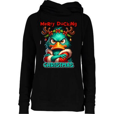 Merry Ducking Funny Sarcastic Grumpy Duck Christmas Womens Funnel Neck Pullover Hood