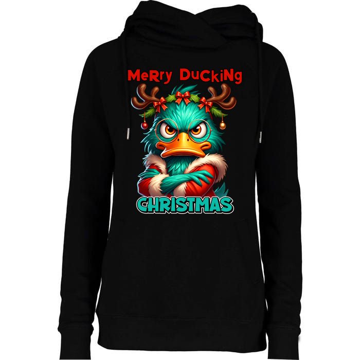 Merry Ducking Funny Sarcastic Grumpy Duck Christmas Womens Funnel Neck Pullover Hood