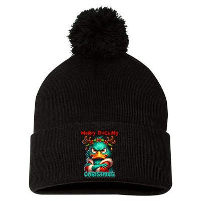 Merry Ducking Funny Sarcastic Grumpy Duck Christmas Pom Pom 12in Knit Beanie