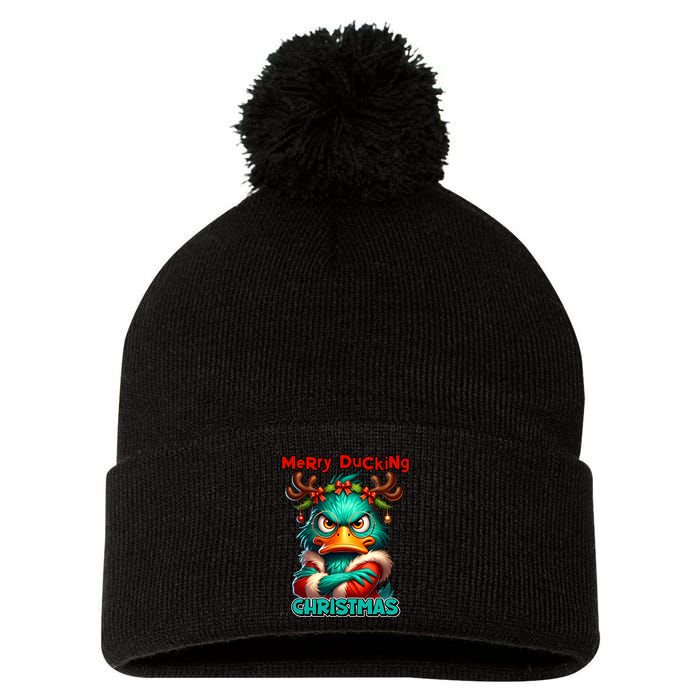 Merry Ducking Funny Sarcastic Grumpy Duck Christmas Pom Pom 12in Knit Beanie