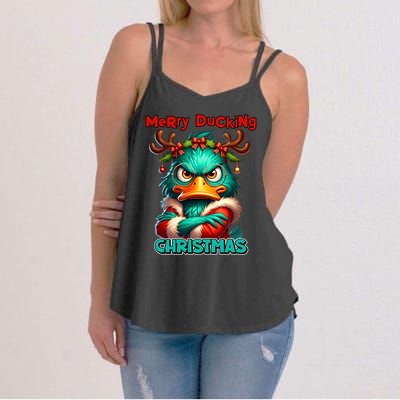Merry Ducking Funny Sarcastic Grumpy Duck Christmas Women's Strappy Tank