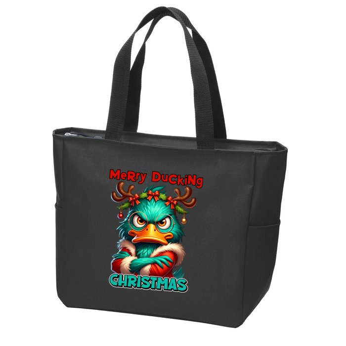 Merry Ducking Funny Sarcastic Grumpy Duck Christmas Zip Tote Bag