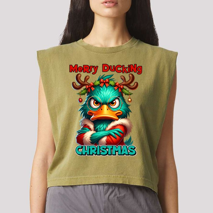 Merry Ducking Funny Sarcastic Grumpy Duck Christmas Garment-Dyed Women's Muscle Tee