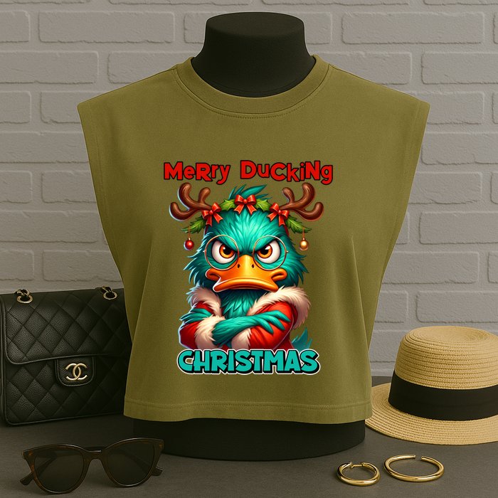 Merry Ducking Funny Sarcastic Grumpy Duck Christmas Garment-Dyed Women's Muscle Tee