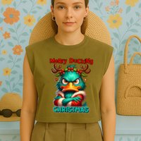 Merry Ducking Funny Sarcastic Grumpy Duck Christmas Garment-Dyed Women's Muscle Tee