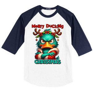 Merry Ducking Funny Sarcastic Grumpy Duck Christmas Baseball Sleeve Shirt