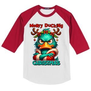 Merry Ducking Funny Sarcastic Grumpy Duck Christmas Kids Colorblock Raglan Jersey