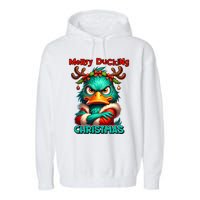 Merry Ducking Funny Sarcastic Grumpy Duck Christmas Garment-Dyed Fleece Hoodie