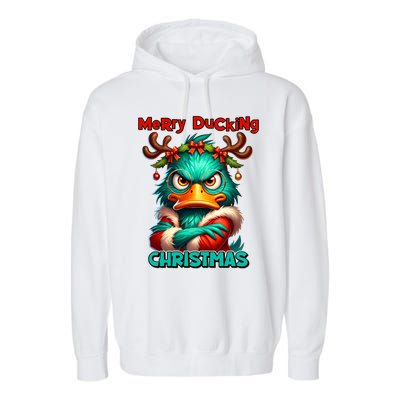 Merry Ducking Funny Sarcastic Grumpy Duck Christmas Garment-Dyed Fleece Hoodie