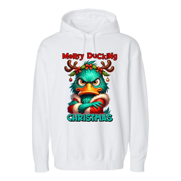 Merry Ducking Funny Sarcastic Grumpy Duck Christmas Garment-Dyed Fleece Hoodie