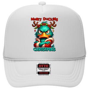 Merry Ducking Funny Sarcastic Grumpy Duck Christmas High Crown Mesh Back Trucker Hat