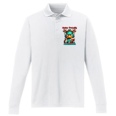 Merry Ducking Funny Sarcastic Grumpy Duck Christmas Performance Long Sleeve Polo