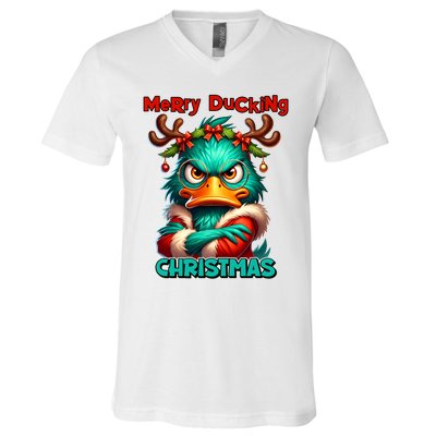 Merry Ducking Funny Sarcastic Grumpy Duck Christmas V-Neck T-Shirt