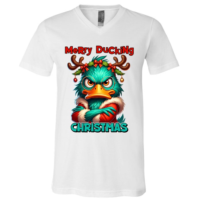 Merry Ducking Funny Sarcastic Grumpy Duck Christmas V-Neck T-Shirt