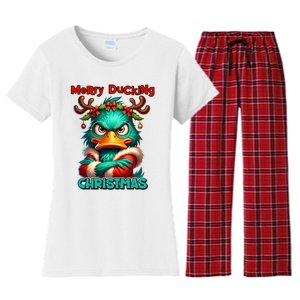 Merry Ducking Funny Sarcastic Grumpy Duck Christmas Women's Flannel Pajama Set