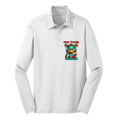 Merry Ducking Funny Sarcastic Grumpy Duck Christmas Silk Touch Performance Long Sleeve Polo