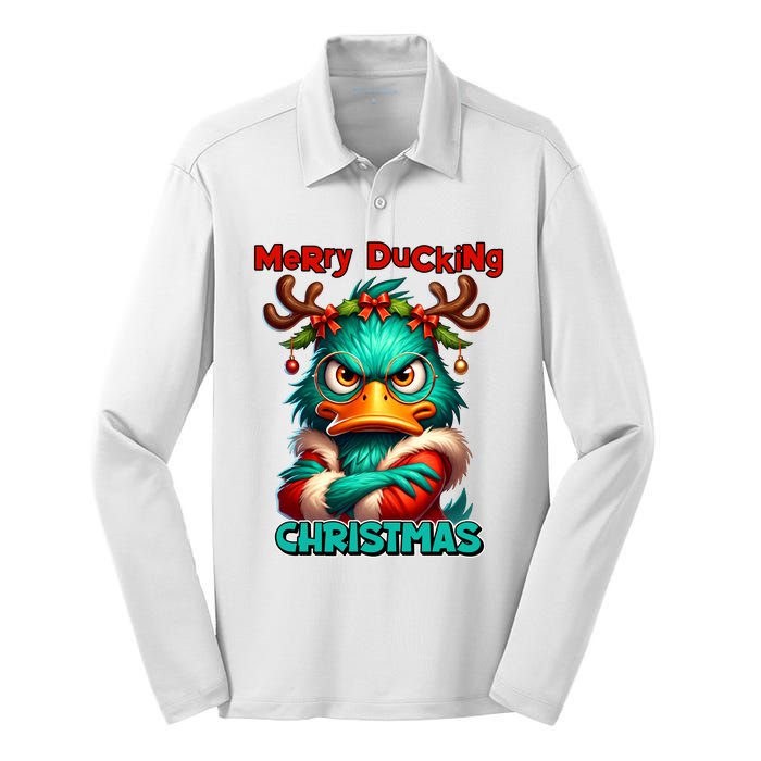 Merry Ducking Funny Sarcastic Grumpy Duck Christmas Silk Touch Performance Long Sleeve Polo