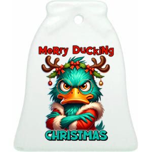 Merry Ducking Funny Sarcastic Grumpy Duck Christmas Ceramic Bell Ornament