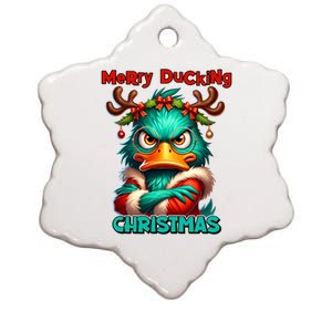 Merry Ducking Funny Sarcastic Grumpy Duck Christmas Ceramic Star Ornament