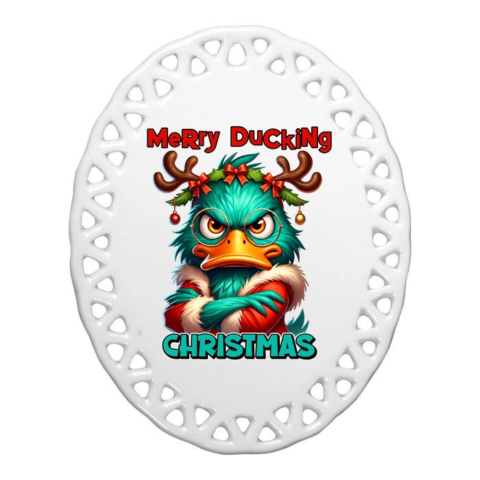 Merry Ducking Funny Sarcastic Grumpy Duck Christmas Ceramic Oval Ornament