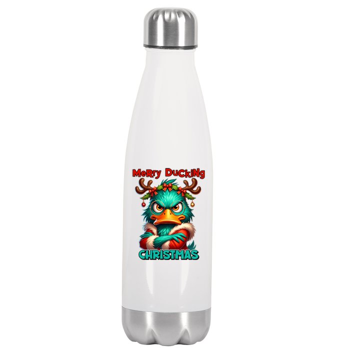 Merry Ducking Funny Sarcastic Grumpy Duck Christmas Stainless Steel Insulated Water Bottle