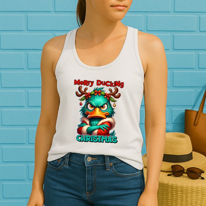 Merry Ducking Funny Sarcastic Grumpy Duck Christmas Womens Tank Top