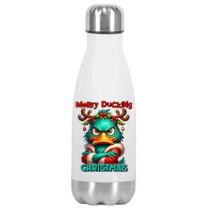 Merry Ducking Funny Sarcastic Grumpy Duck Christmas Stainless Steel Insulated Water Bottle