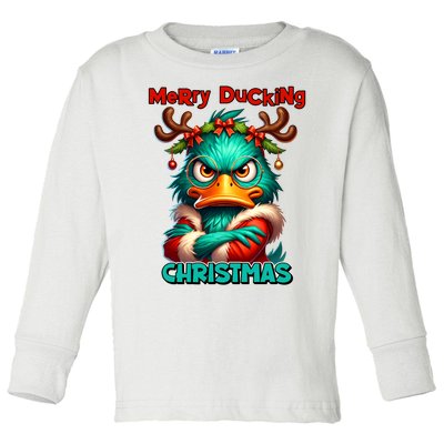 Merry Ducking Funny Sarcastic Grumpy Duck Christmas Toddler Long Sleeve Shirt