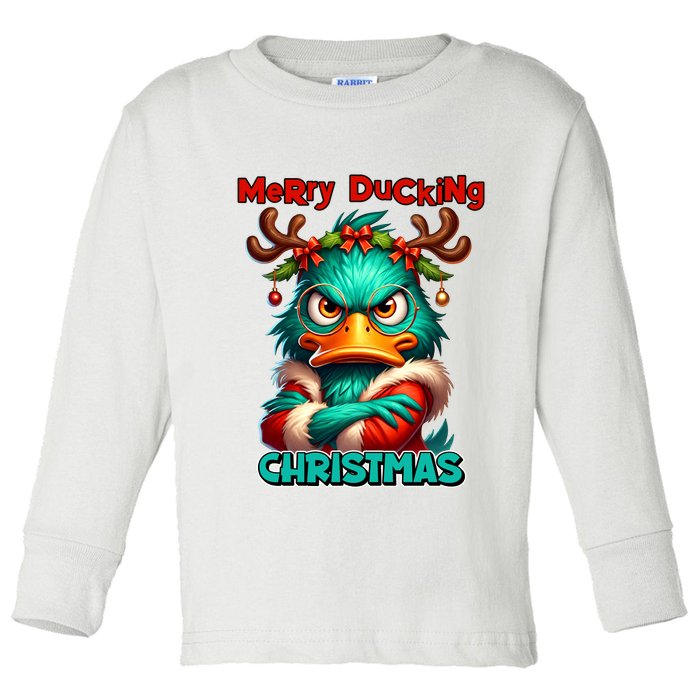 Merry Ducking Funny Sarcastic Grumpy Duck Christmas Toddler Long Sleeve Shirt