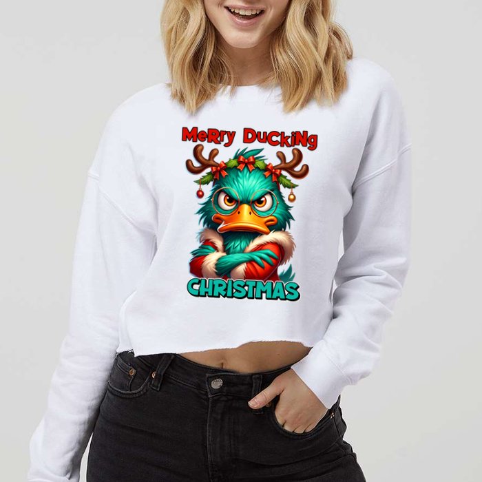 Merry Ducking Funny Sarcastic Grumpy Duck Christmas Cropped Pullover Crew